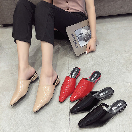 Womens Flats Shoes Mules Slides Pu Leather Slides Low Heels Pointed Toe Slippers - Snapitonline