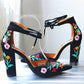 Womens Pumps Shoes Dorsay Ankle Strap Block High Heels Embroidery Flowers - Snapitonline