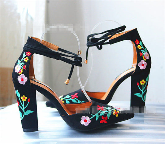 Womens Pumps Shoes Dorsay Ankle Strap Block High Heels Embroidery Flowers - Snapitonline