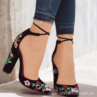 Womens Pumps Shoes Dorsay Ankle Strap Block High Heels Embroidery Flowers - Snapitonline