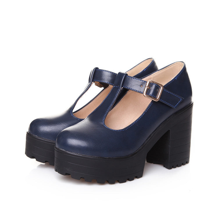 Womens Pumps Shoes Mary Jaen Block Platforms Heels T-strap - Snapitonline