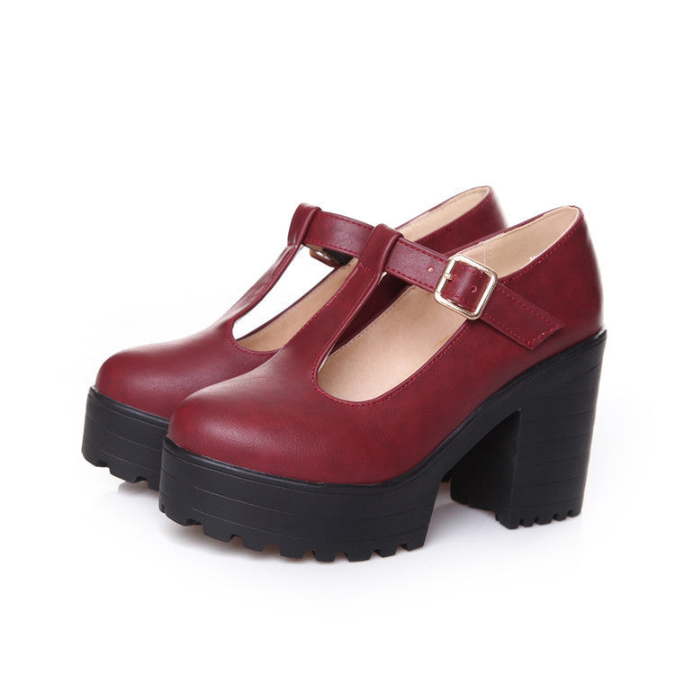 Womens Pumps Shoes Mary Jaen Block Platforms Heels T-strap - Snapitonline