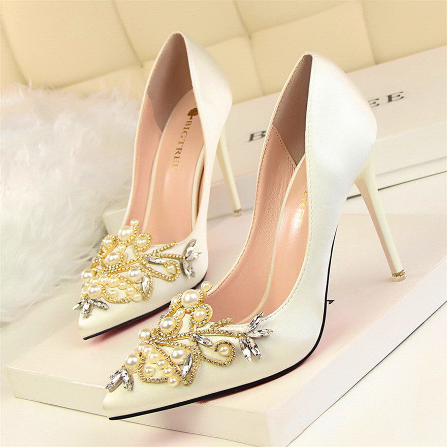 Women Pumps Rhinestone High Heels Shoes Women Pointed Toe Crystal Pearl Party Shoes Sexy Wedding Shoes - Snapitonline