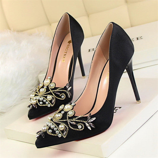Women Pumps Rhinestone High Heels Shoes Women Pointed Toe Crystal Pearl Party Shoes Sexy Wedding Shoes - Snapitonline