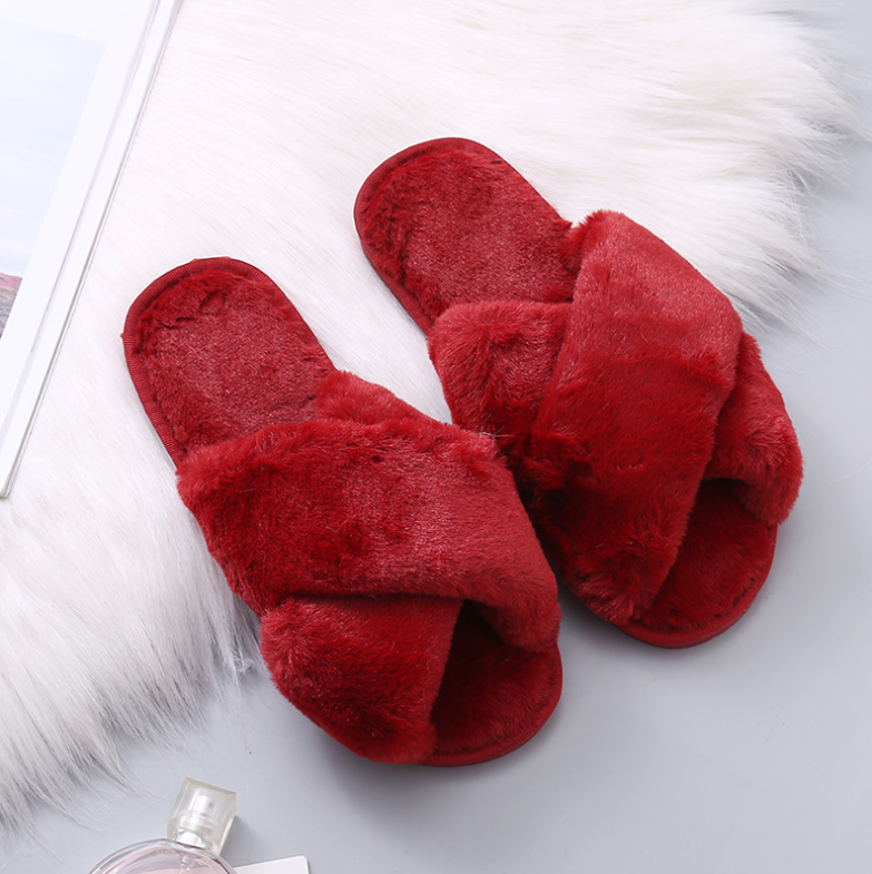 Winter Women Home Slippers with Faux Fur Fashion Warm Shoes Woman Slip on Flats Female Slides Black Pink Plus Size - Snapitonline