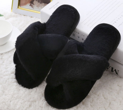 Winter Women Home Slippers with Faux Fur Fashion Warm Shoes Woman Slip on Flats Female Slides Black Pink Plus Size - Snapitonline