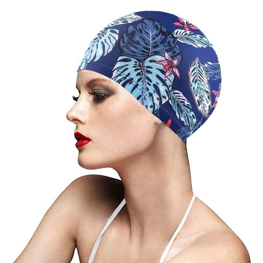 1PC  Fashion Swimming Cap Men/Women Flowers Printed Long Hair Sports Swim Pool Bathing Hat Elastic Nylon Turban Sports Accessory Snapitonline