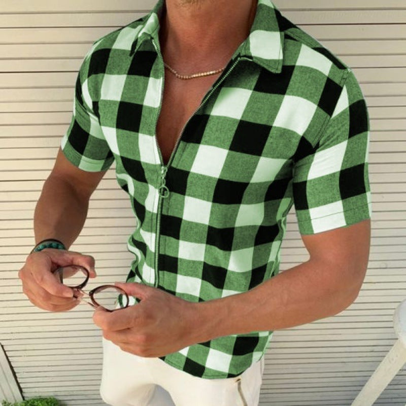 Plaid T Shirt Mens Zipper Short Sleeve - Snapitonline