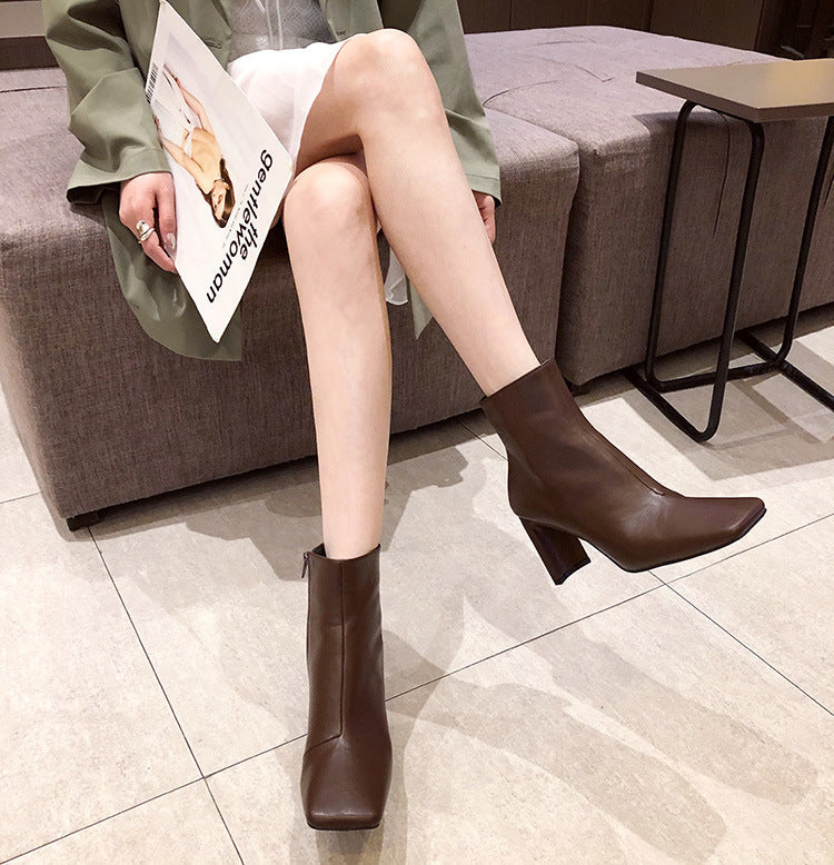 Square toe stitching high heel ankle boots - Snapitonline