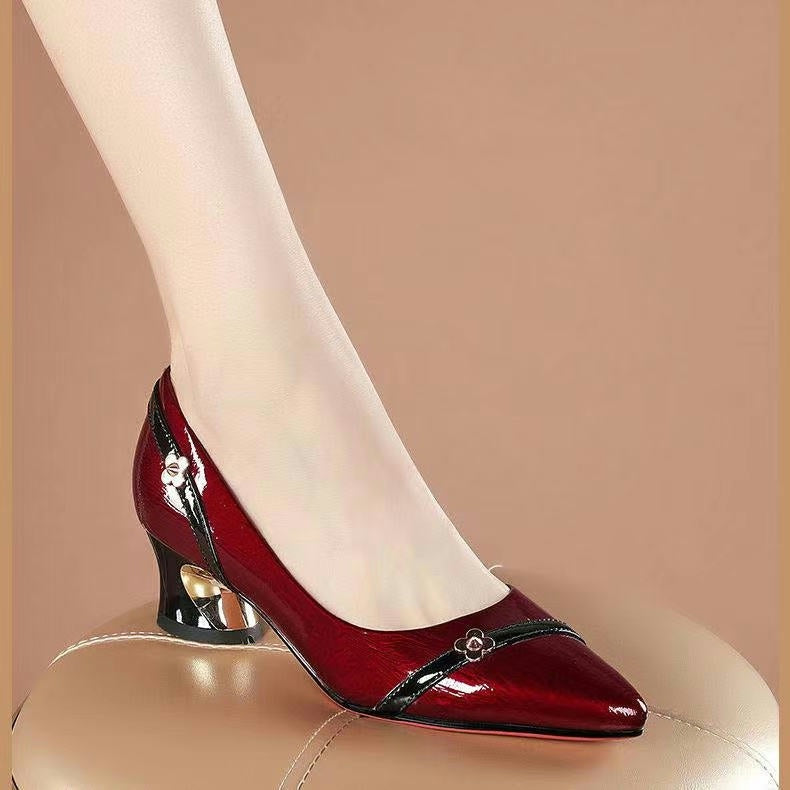Thick Heels With Color Matching Low-heel Pointed Toe Shoes Women's Mid-heel - Snapitonline