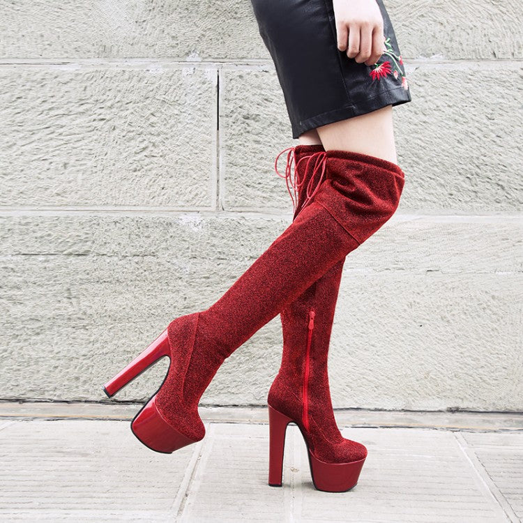 Womens Thigh Bling Sequined Cloth Platforms High Heels Long Boots - Snapitonline