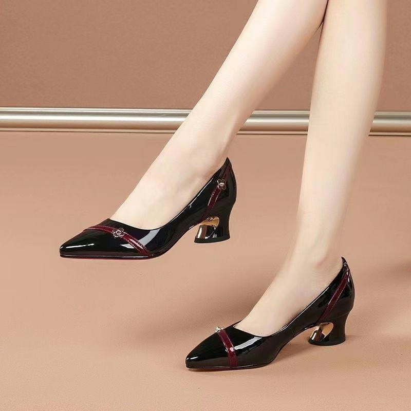 Thick Heels With Color Matching Low-heel Pointed Toe Shoes Women's Mid-heel - Snapitonline