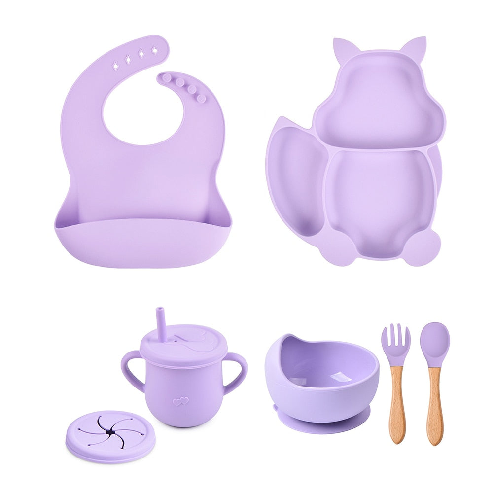4/6/8 PCS Baby Soft Silicone Sucker Bowl Plate Cup Bibs Spoon Fork Sets Non-slip Tableware Children's Feeding Dishes BPA Free Snapitonline