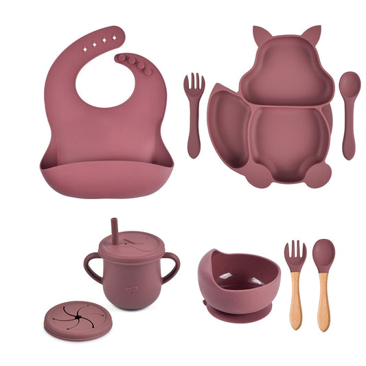 4/6/8 PCS Baby Soft Silicone Sucker Bowl Plate Cup Bibs Spoon Fork Sets Non-slip Tableware Children's Feeding Dishes BPA Free Snapitonline