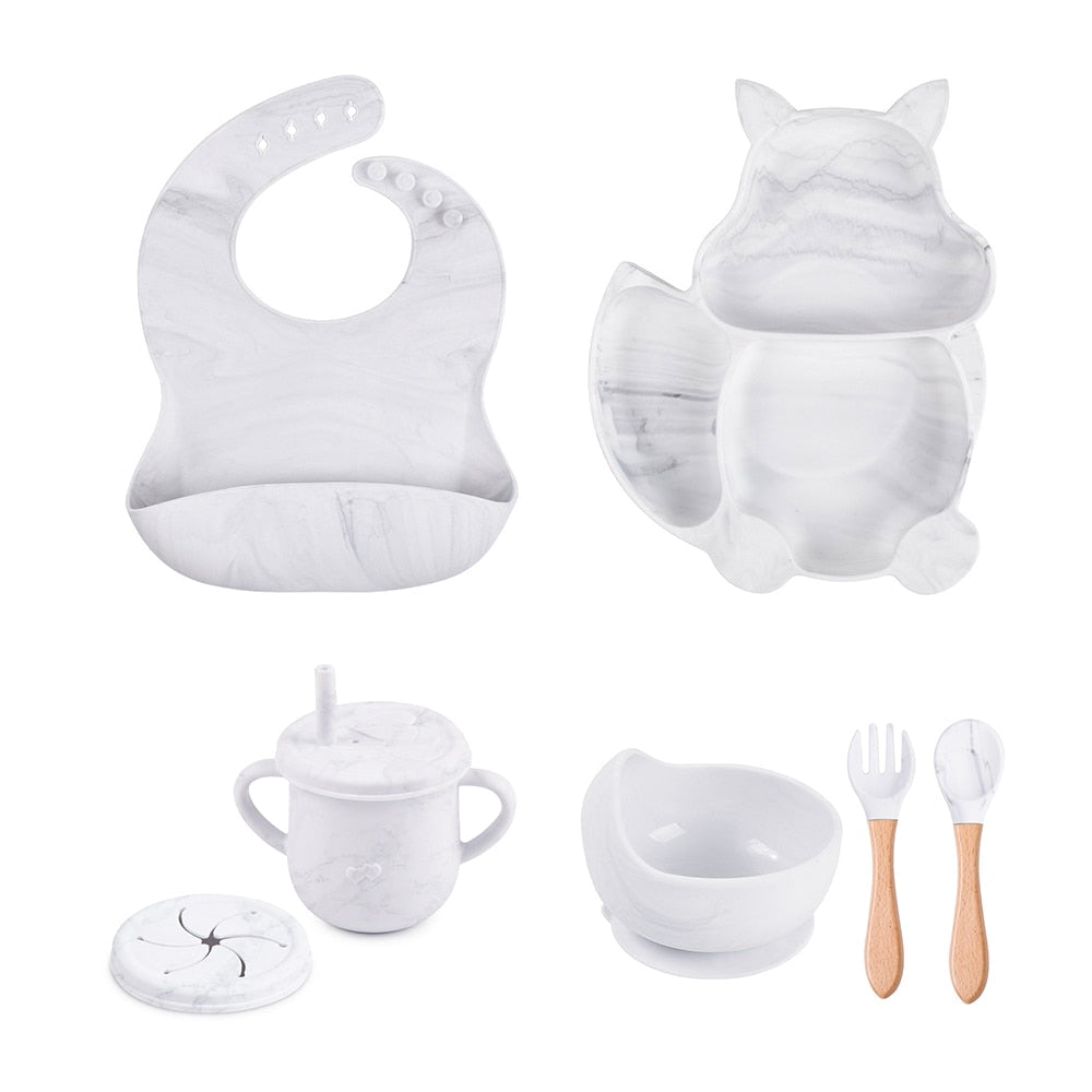 4/6/8 PCS Baby Soft Silicone Sucker Bowl Plate Cup Bibs Spoon Fork Sets Non-slip Tableware Children's Feeding Dishes BPA Free Snapitonline