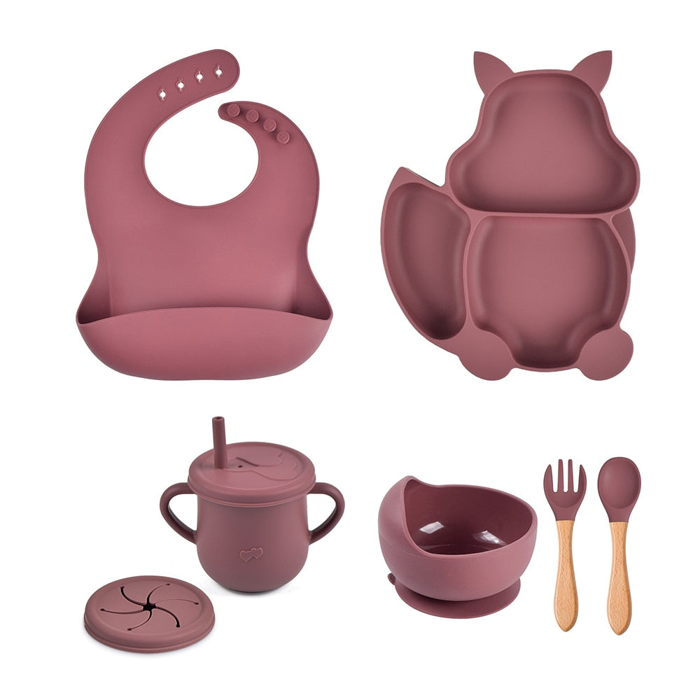 4/6/8 PCS Baby Soft Silicone Sucker Bowl Plate Cup Bibs Spoon Fork Sets Non-slip Tableware Children's Feeding Dishes BPA Free Snapitonline
