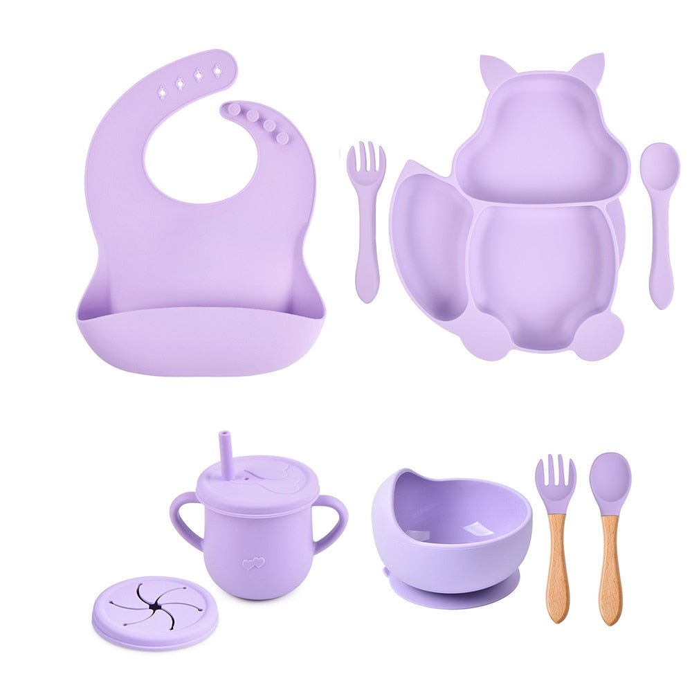 4/6/8 PCS Baby Soft Silicone Sucker Bowl Plate Cup Bibs Spoon Fork Sets Non-slip Tableware Children's Feeding Dishes BPA Free Snapitonline