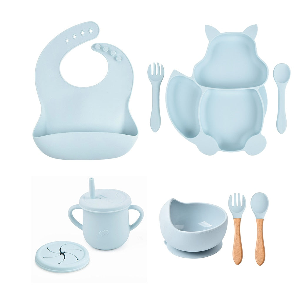 4/6/8 PCS Baby Soft Silicone Sucker Bowl Plate Cup Bibs Spoon Fork Sets Non-slip Tableware Children's Feeding Dishes BPA Free Snapitonline