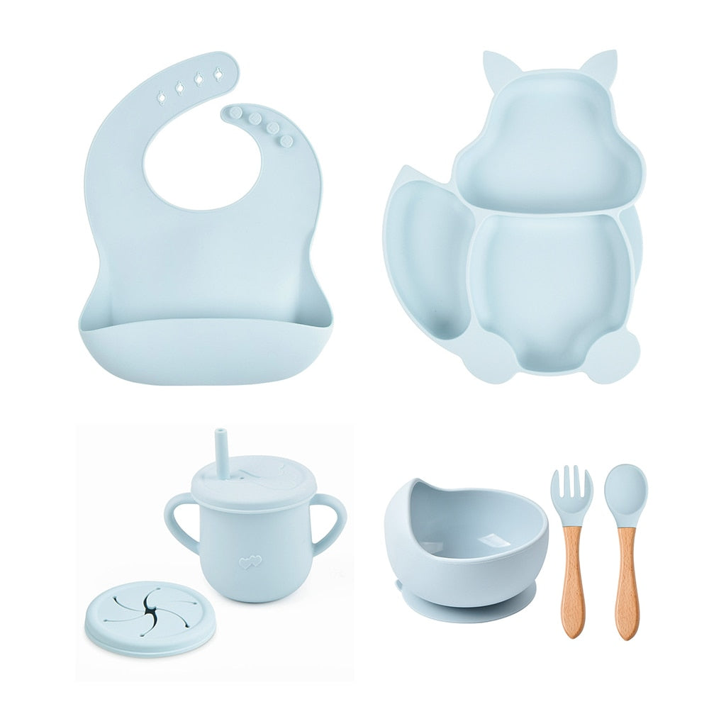 4/6/8 PCS Baby Soft Silicone Sucker Bowl Plate Cup Bibs Spoon Fork Sets Non-slip Tableware Children's Feeding Dishes BPA Free Snapitonline