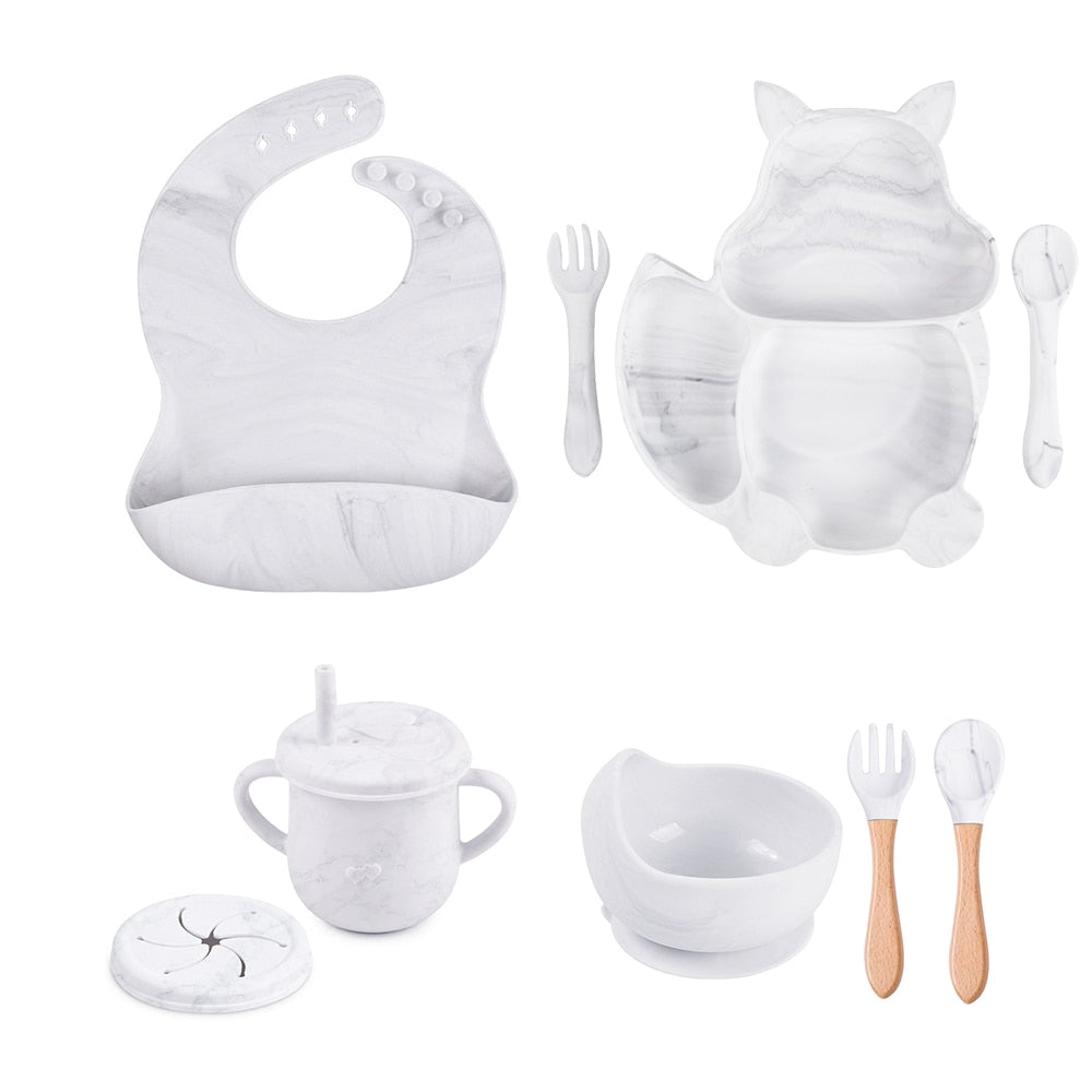 4/6/8 PCS Baby Soft Silicone Sucker Bowl Plate Cup Bibs Spoon Fork Sets Non-slip Tableware Children's Feeding Dishes BPA Free Snapitonline
