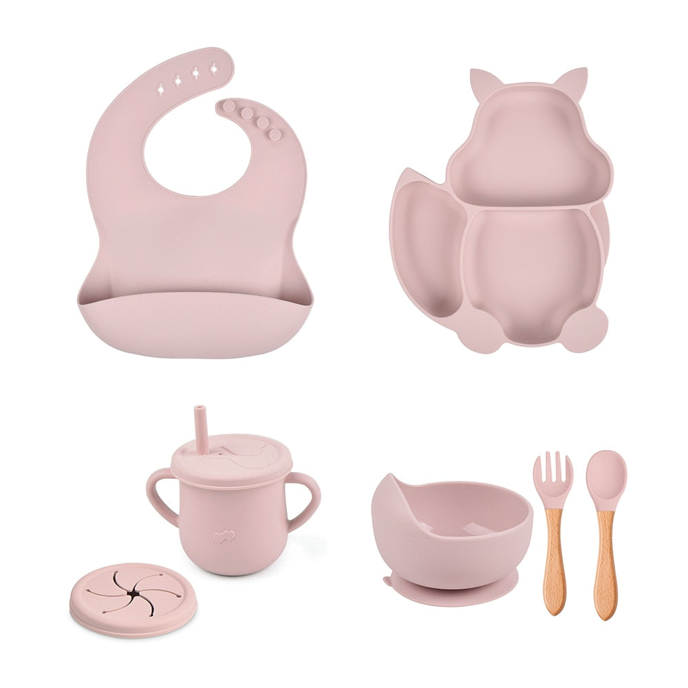 4/6/8 PCS Baby Soft Silicone Sucker Bowl Plate Cup Bibs Spoon Fork Sets Non-slip Tableware Children's Feeding Dishes BPA Free Snapitonline
