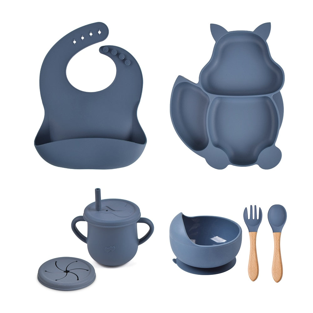 4/6/8 PCS Baby Soft Silicone Sucker Bowl Plate Cup Bibs Spoon Fork Sets Non-slip Tableware Children's Feeding Dishes BPA Free Snapitonline