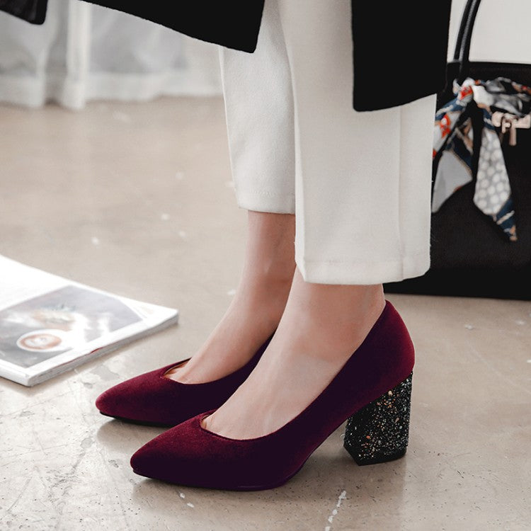 Women's Sequined Chunky High-heeled Pointed Pumps - Snapitonline