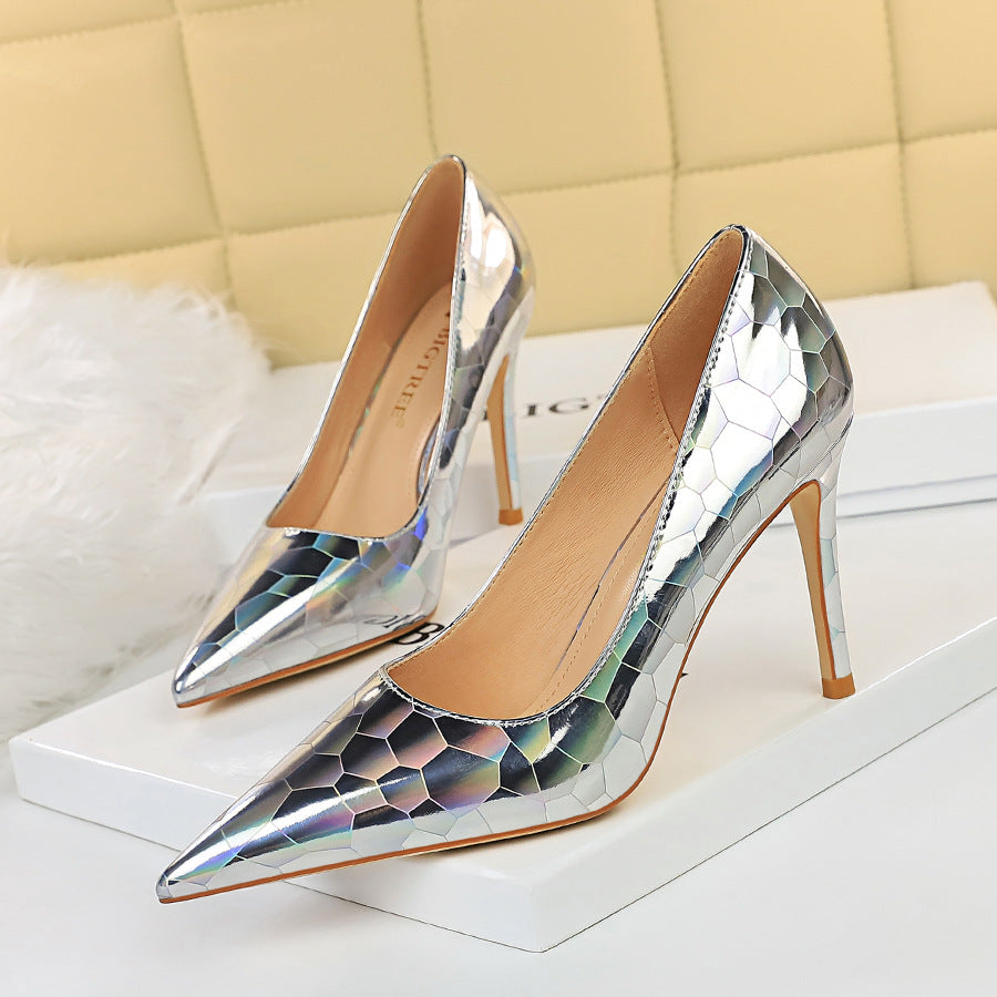 Sexy Stiletto Pumps Pointed Toe Metal Stone Pattern High Heels - Snapitonline