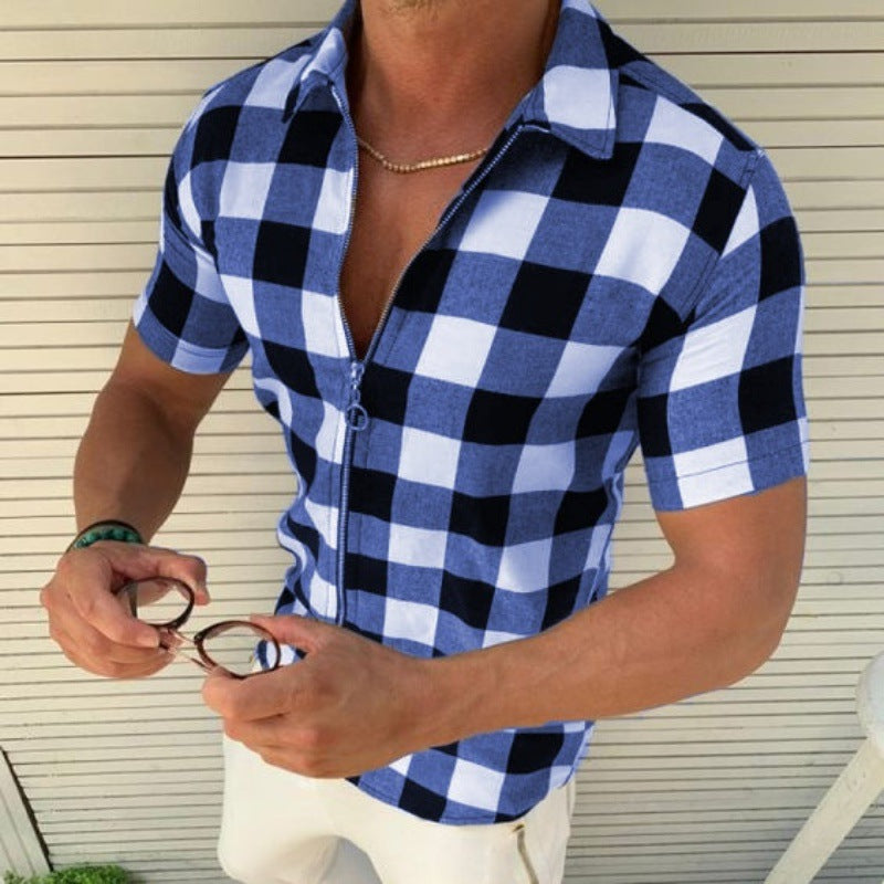 Plaid T Shirt Mens Zipper Short Sleeve - Snapitonline