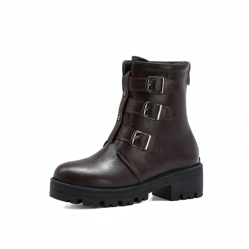 Thick-soled Round Toe Martin Boots with belt buckle - Snapitonline