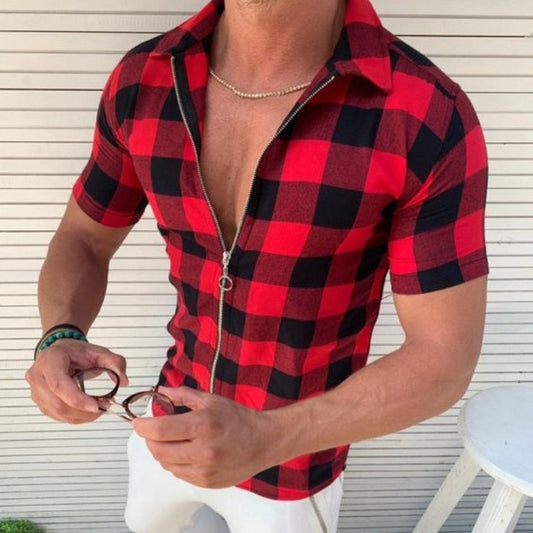 Plaid T Shirt Mens Zipper Short Sleeve - Snapitonline