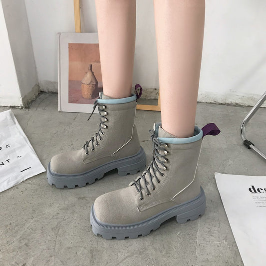 Square toe platform mid-heel lace-up fashion boots - Snapitonline