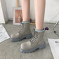 Square toe platform mid-heel lace-up fashion boots - Snapitonline
