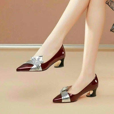 Thick Heels With Color Matching Low-heel Pointed Toe Shoes Women's Mid-heel - Snapitonline