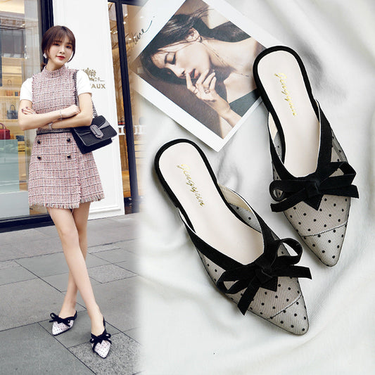 Lace Fashion Pointed Toe Baotou Low Heels Outer Wear Sandals Female Half Slippers - Snapitonline