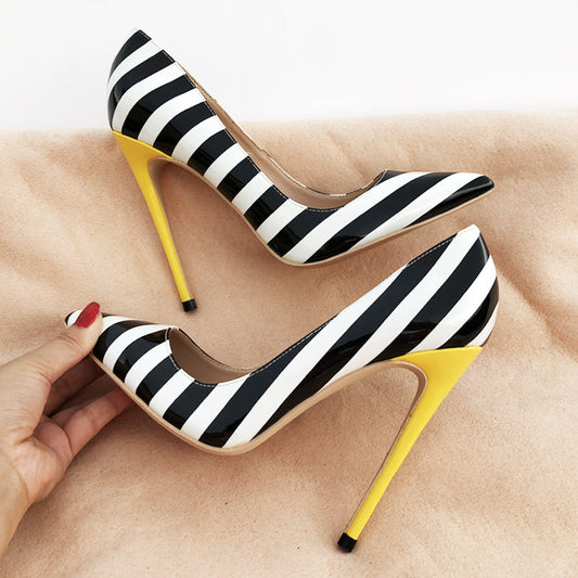 Striped patent leather point-toe pumps - Snapitonline