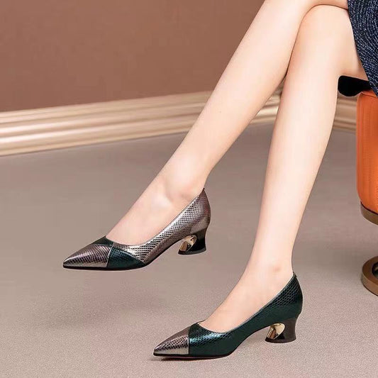 Thick Heels With Color Matching Low-heel Pointed Toe Shoes Women's Mid-heel - Snapitonline