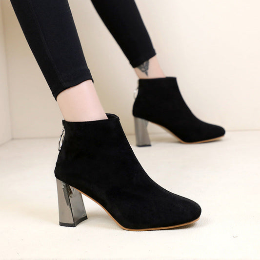 Zipper short tube thick heel British boots - Snapitonline
