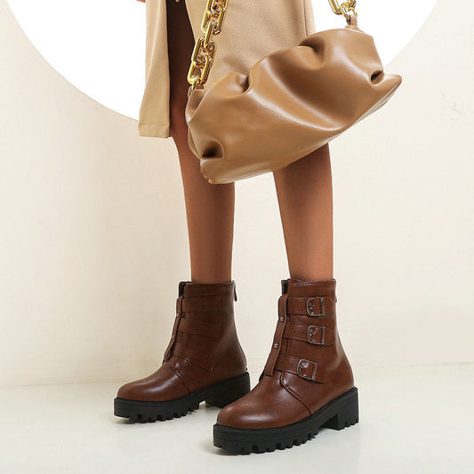 Thick-soled Round Toe Martin Boots with belt buckle - Snapitonline