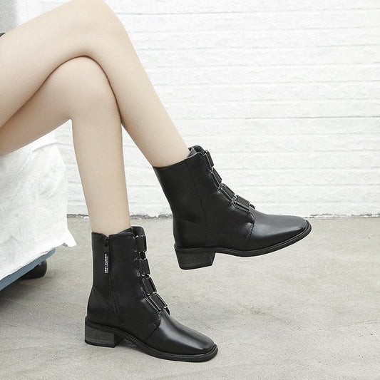 New Square Toe Thick Heel Side Zipper Short Boots - Snapitonline