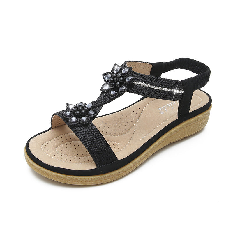 Boho Style Flat FLower Rhinestone Sandals Snapitonline