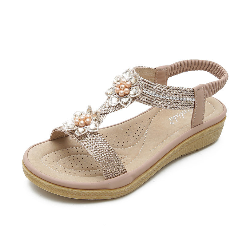 Boho Style Flat FLower Rhinestone Sandals Snapitonline