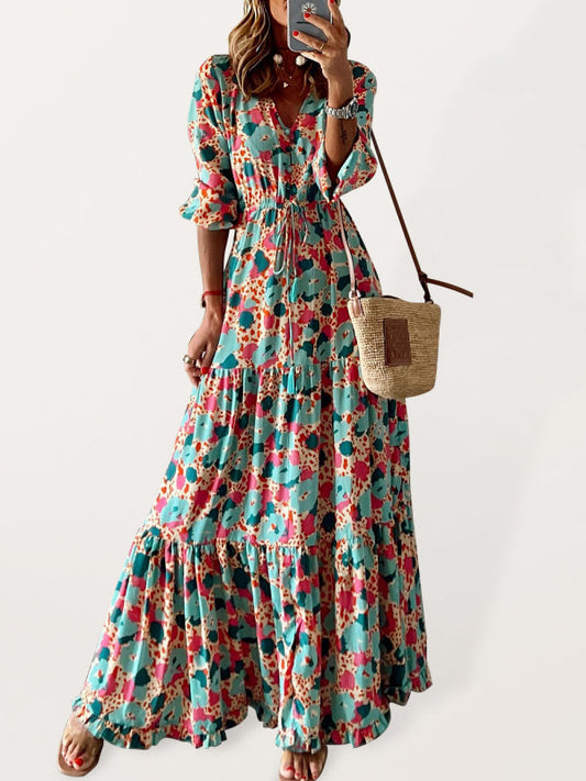Elegant V-neck five-quarter-sleeved multicolored floral pleats stitching large swing dress Snapitonline