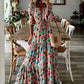 Elegant V-neck five-quarter-sleeved multicolored floral pleats stitching large swing dress Snapitonline
