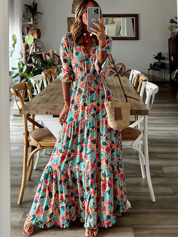 Elegant V-neck five-quarter-sleeved multicolored floral pleats stitching large swing dress Snapitonline