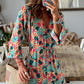 Elegant V-neck five-quarter-sleeved multicolored floral pleats stitching large swing dress Snapitonline