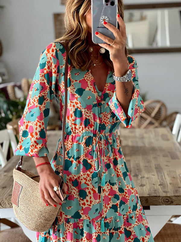 Elegant V-neck five-quarter-sleeved multicolored floral pleats stitching large swing dress Snapitonline