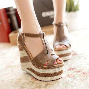 Ethnic Style Contrast Color Thick-Soled Hemp Weave Wedge Sandals Snapitonline