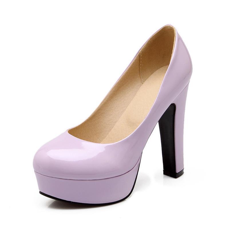 European And American Patent Leather Ladies High Heels Pumps Round Toe Water Platform Thick Heel Shoes Snapitonline