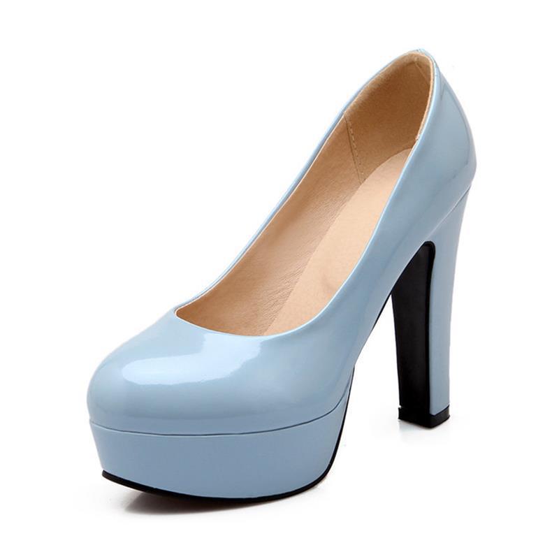 European And American Patent Leather Ladies High Heels Pumps Round Toe Water Platform Thick Heel Shoes Snapitonline